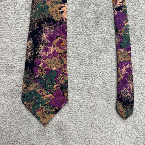 Oleg Cassini Vintage 90s Silk Necktie Mens Floral Abstract Purple Green Designer - Picture 2 of 9